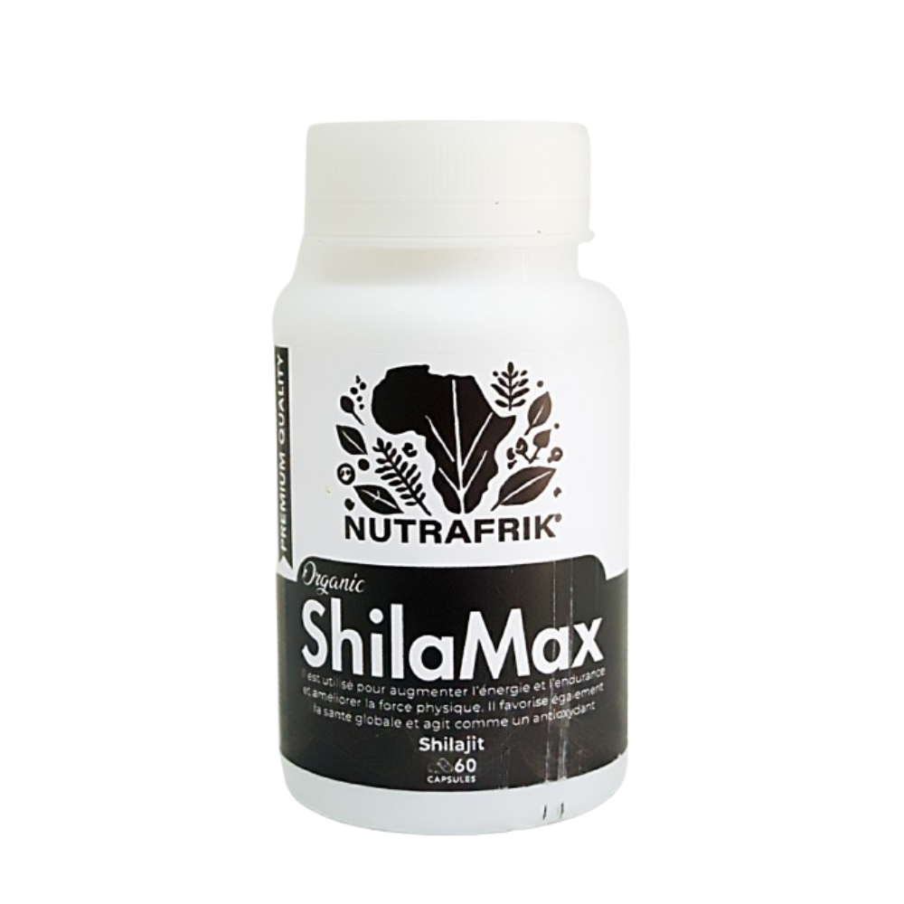 Flacon de Shilamax Nutrafrik – complément à base de shilajit pur de l’Himalaya